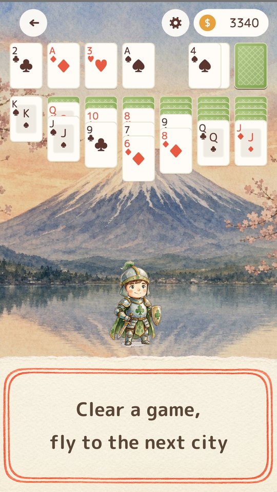 The solitaire board in front of a watercolour Mount Fuji, captioned “Clear a game, fly to the next city”