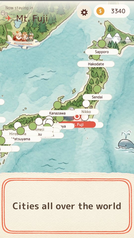 A world map with pins on cities in Japan and Korea, captioned “Cities all over the world”