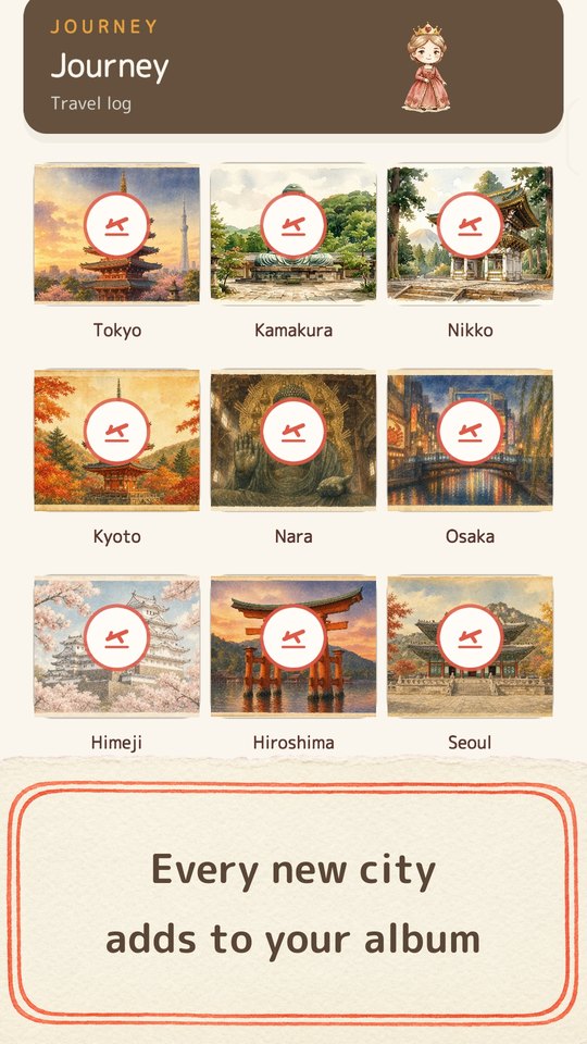 Postcards and stamps lined up on the journey screen, captioned “Every new city adds to your album”