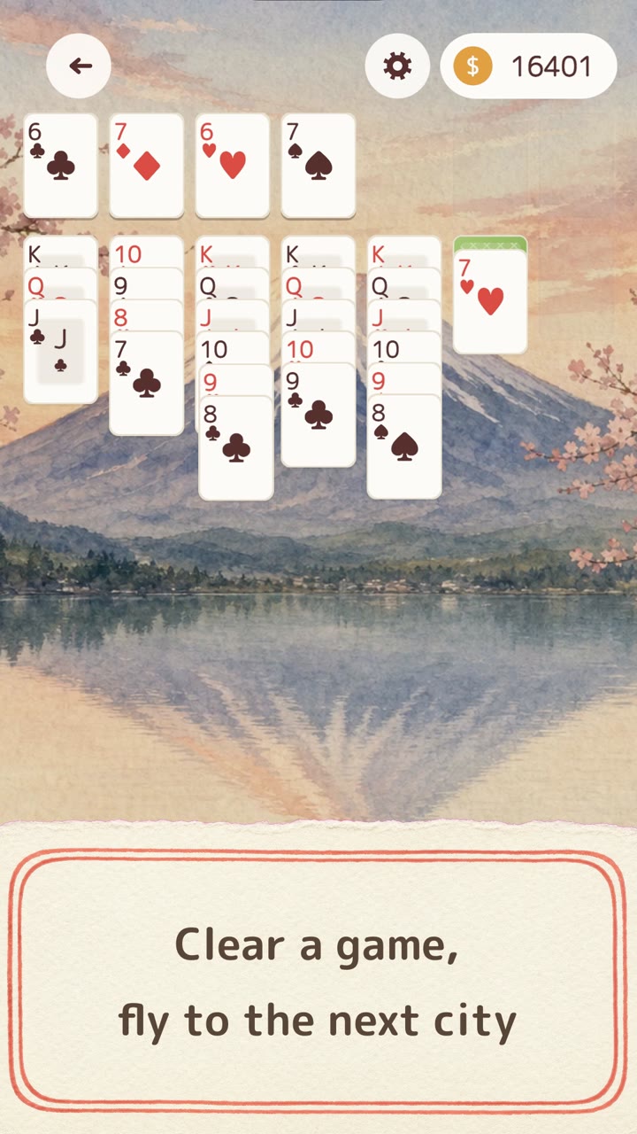 A solitaire board in front of a watercolour Mount Fuji, captioned “Clear a game, fly to the next city”
